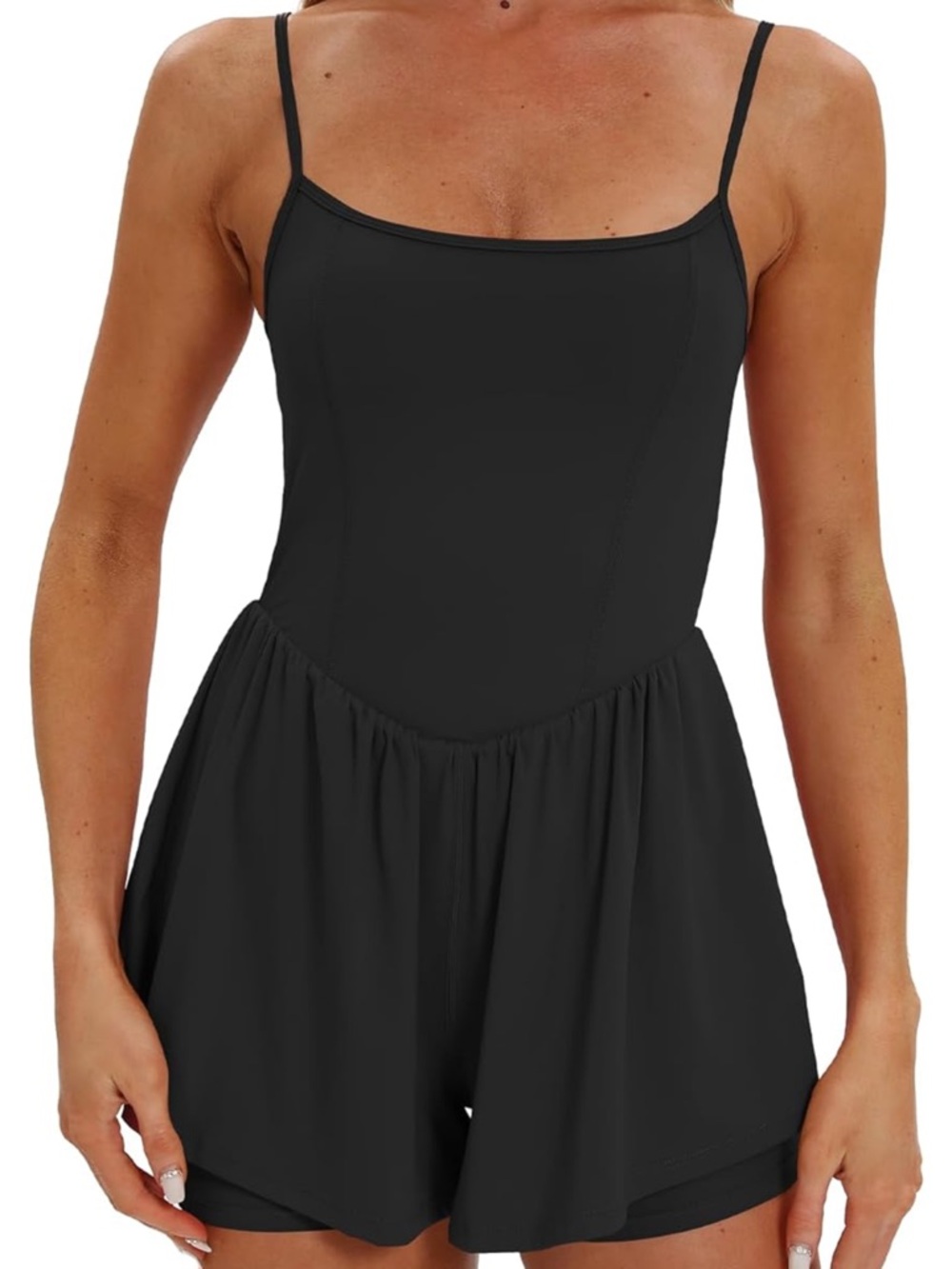 Beaully Black Spaghetti Strap Romper with Skirted Shorts